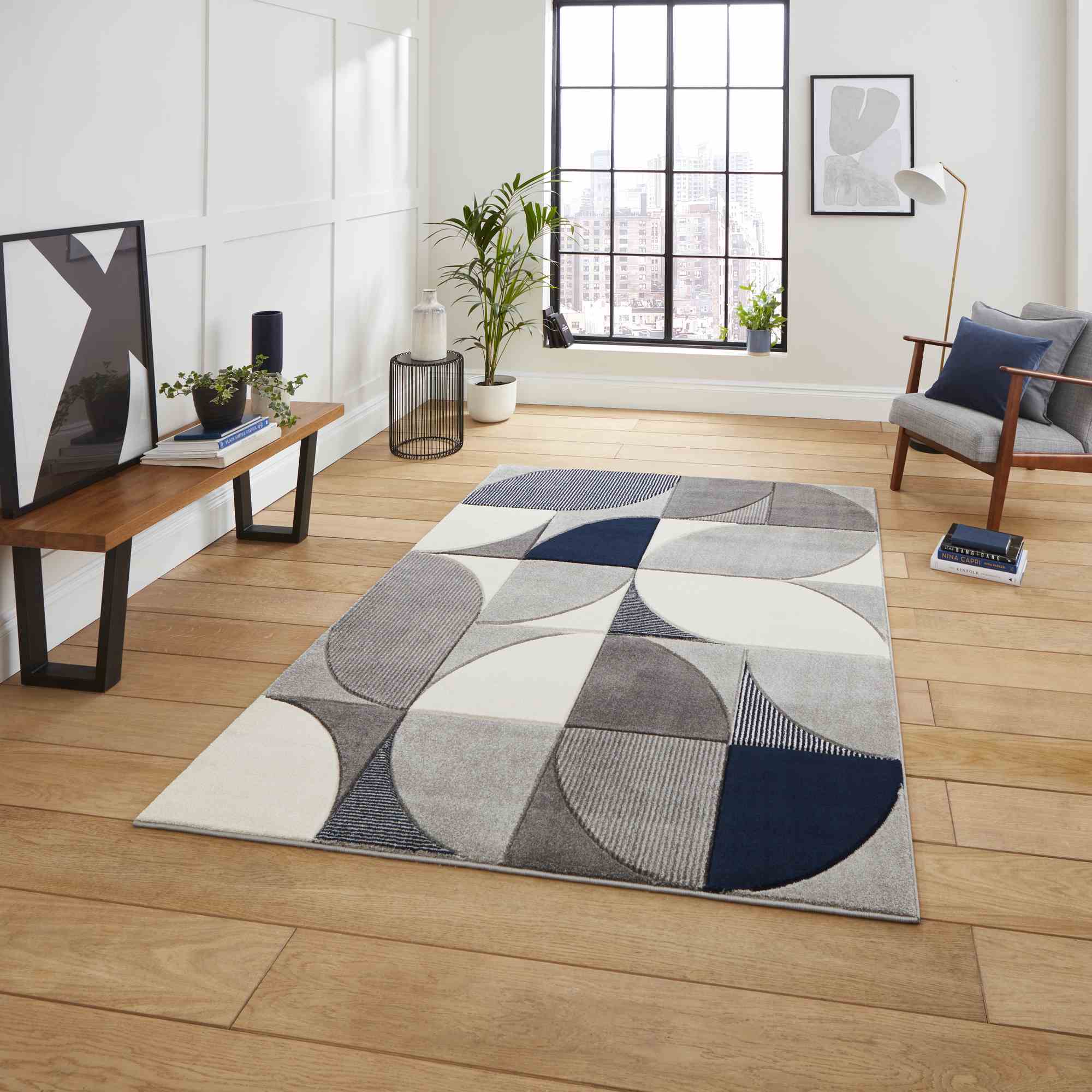 Matrix Mt63 Modern Geometric Rugs In Grey Navy Blue